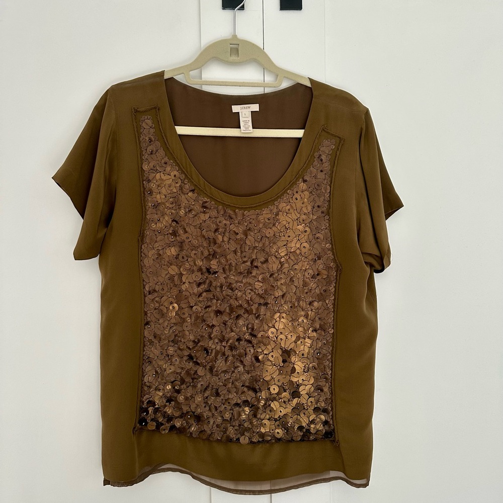 J. Crew Olive Silk Sequin Blouse